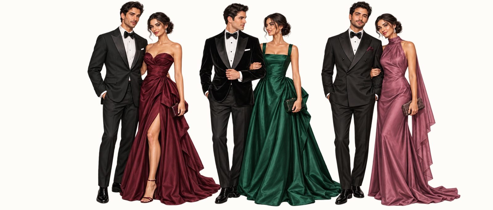 Inspiração de trajes black tie: smokings e vestidos longos em bordô, esmeralda e malva